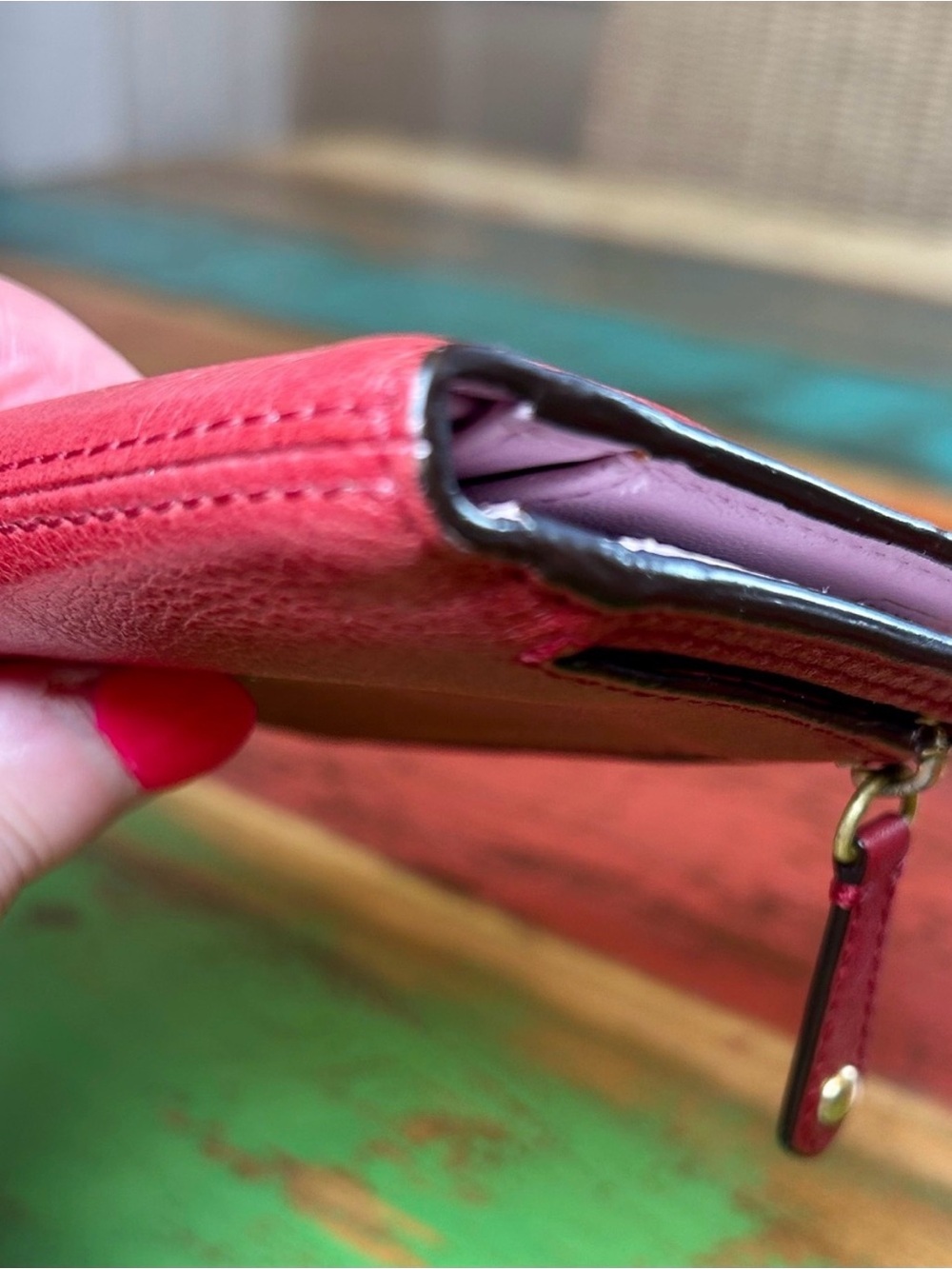 Coach Madison Cherry Red Pleated Bifold Wallet Leather Horse Carriage Retired - Picture 7 of 15